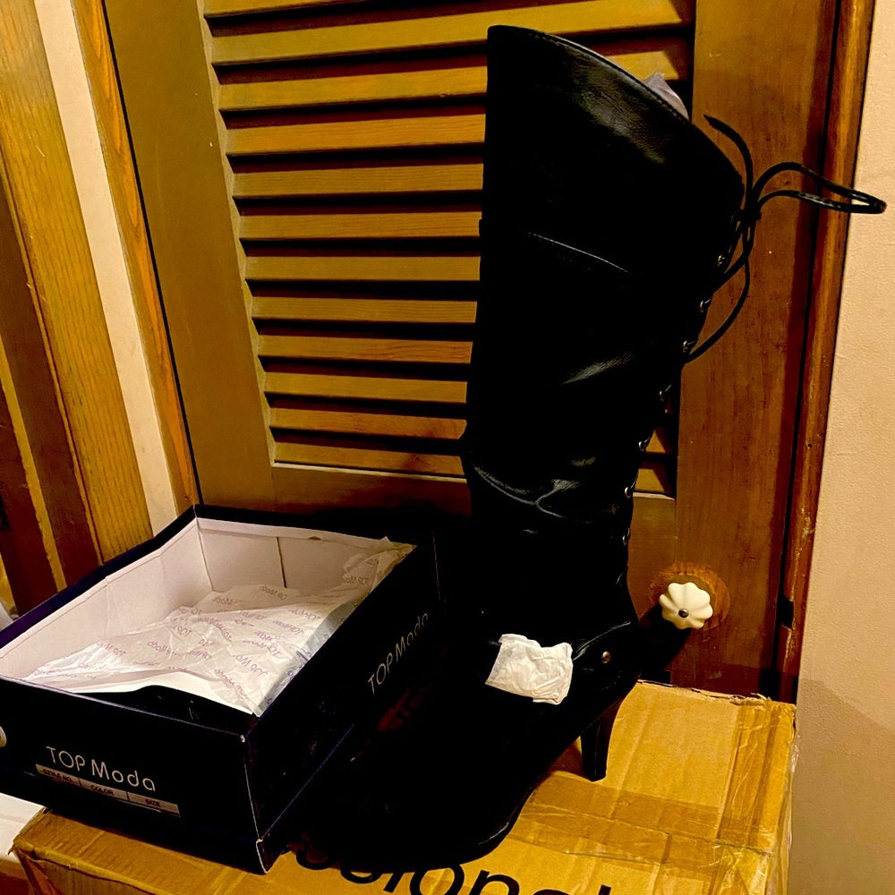 Women’s high heel boots New in box - knee high, round toe, lace up back